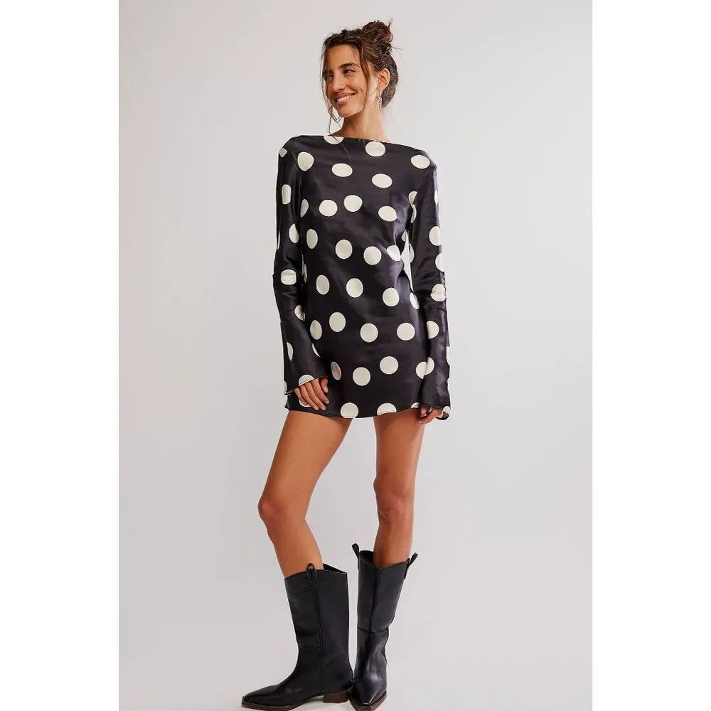 Free People Tigre Printed Mini Dress in Black Combo XSmall New Womens Satin Polk